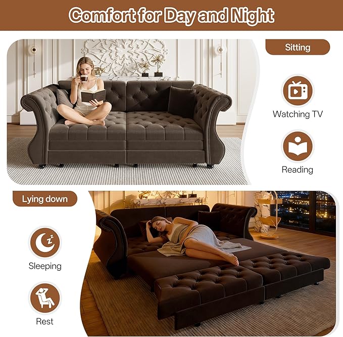 Eafurn Oversized 3-Seater Chesterfield Loveseat Convertible Queen Size Sleeper Couch Bed,Classic Tufted Velvet Pull Out Loveseat Sofa Bed with Roll Armrest and Solid Wood Legs