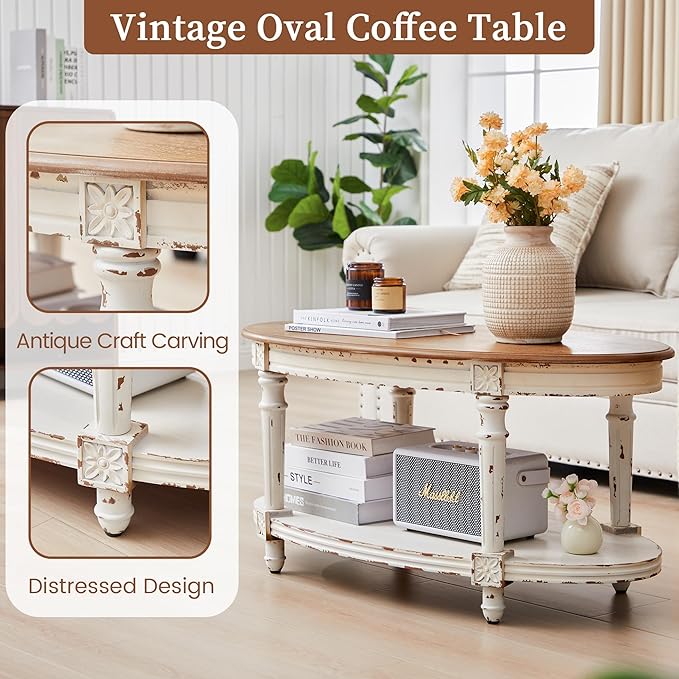 BERRYMERRY 39" French Country Two Tone Oval Coffee Table,Chipped White Vintage 2 Tier Center Table with Storage for Living Room Office,Tool-Free Assembly (White)
