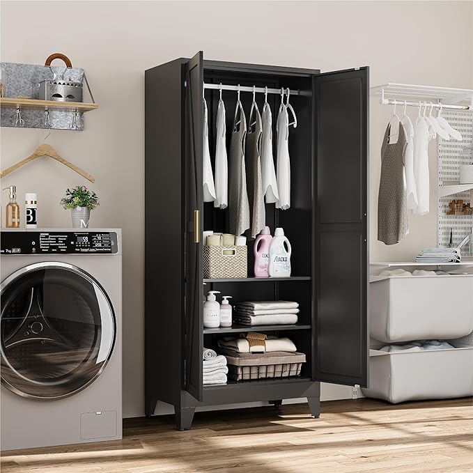 Metal Wardrobe Closet with Doors and Shelves, 71" Farmhouse Bedroom Armoire with Hanger Rod and Clothing Shelf, White Steel Wardrobe Cabinet Storage Clothes Closet