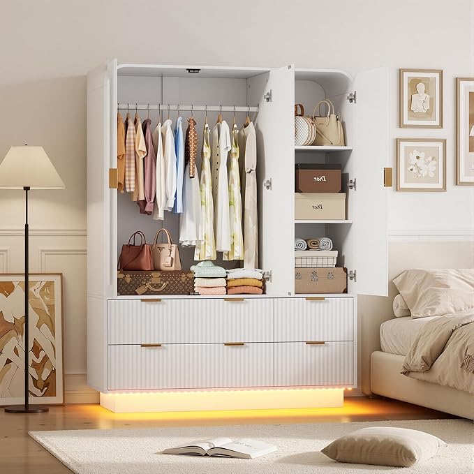 3 Door Wardrobe Closet with Mirror and LED Lights,Wooden Bedroom Armoires with Hanging Rods & Shelves, Drawers for Bedroom,Laundry Room,Cloak Room,White
