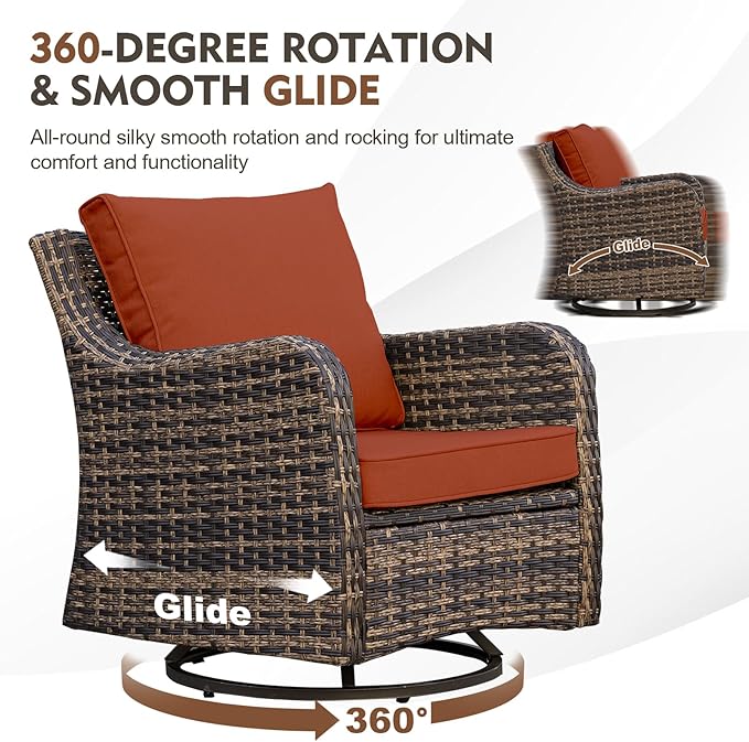MEISSALIVVE 3 Pieces Patio Furniture Set with Swivel Chair, Outdoor Swivel Rocker with Washable Cushions & Tempered Glass Tabletop, Outdoor Rattan Conversation Set for Lawn Backyard Porch (Red)