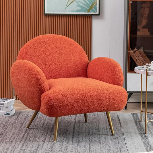 Orange Accent Sherpa Chair, Comfy Boucle Chair for Reading Bedroom Living Room with Golden Metal Legs Teddy Tufted Backrest Sofa Armchair Side Chair
