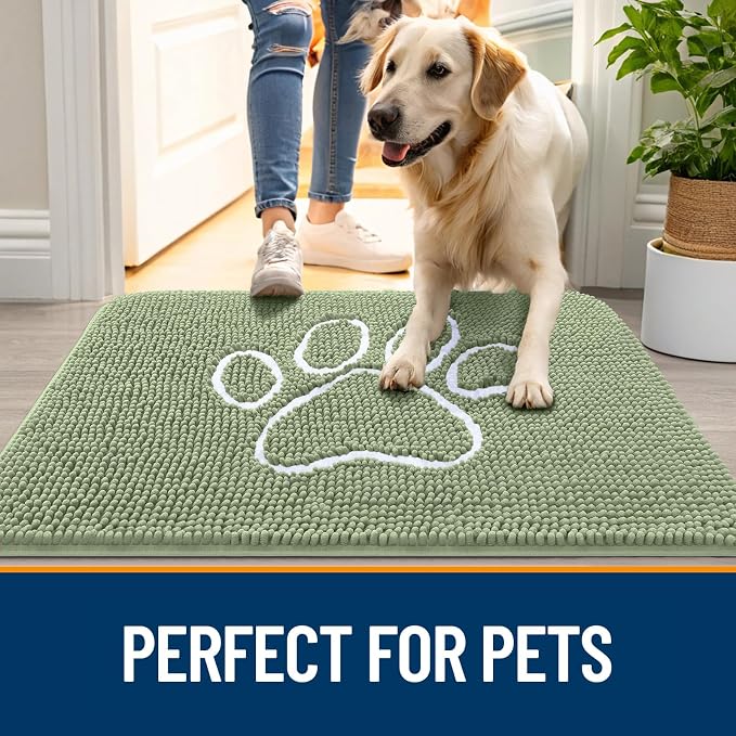 OLANLY Dog Door Mat for Muddy Paws 47x32, Paw Print Design, Absorbs Moisture and Dirt, Non-Slip Washable Doormat, Quick Dry Chenille Mud Mat for Dogs, Entry Indoor Entryway Carpet, Sage Green - Image 6