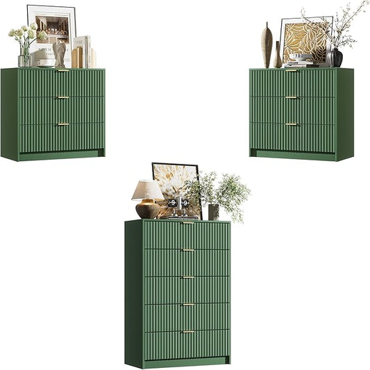Furniway Green Dresser Bedroom Set 3 Pieces, Nightstands Sets of 2, 5 Drawer Dresser with Gold Handles for Bedroom