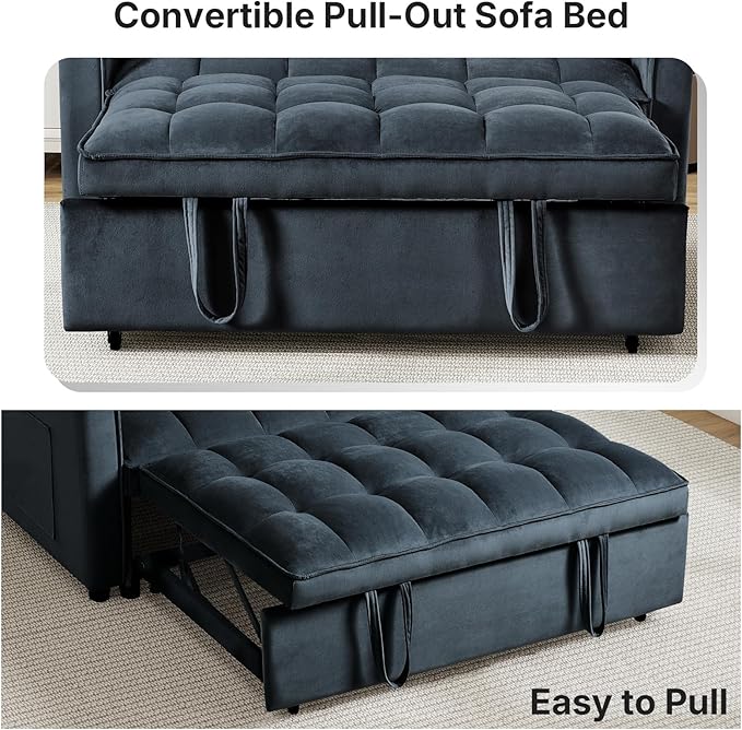 Rovibek 3 in 1 Sleeper Sofa Bed, 53'' Pull Out Couch Convertible Futon Loveseat with Adjustable Backrest, Velvet Sleeper Chaise Lounge Futon for Apartment Office Small Space, Black