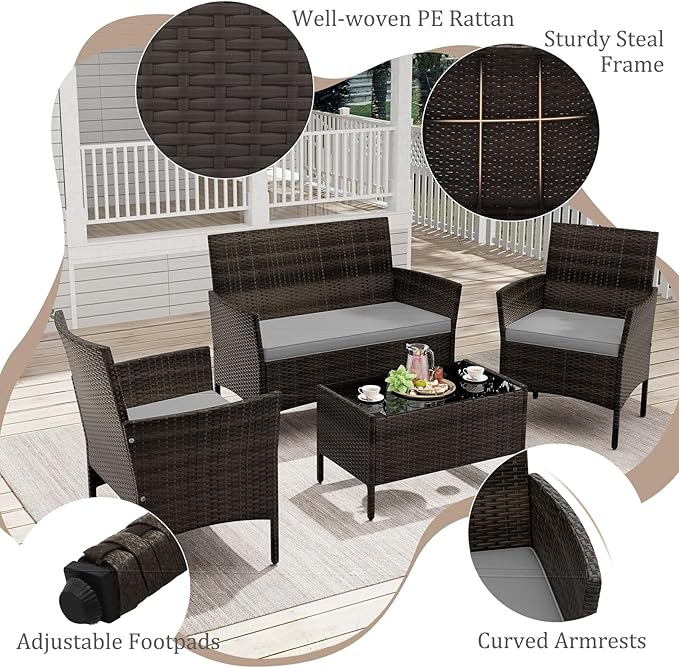 KOTEK 8 Piece Patio Furniture Set, Wicker Patio Set with Loveseat, Wicker Chairs, Tempered Glass Coffee Table, Outdoor Rattan Conversation Set for Backyard, Porch (Grey)