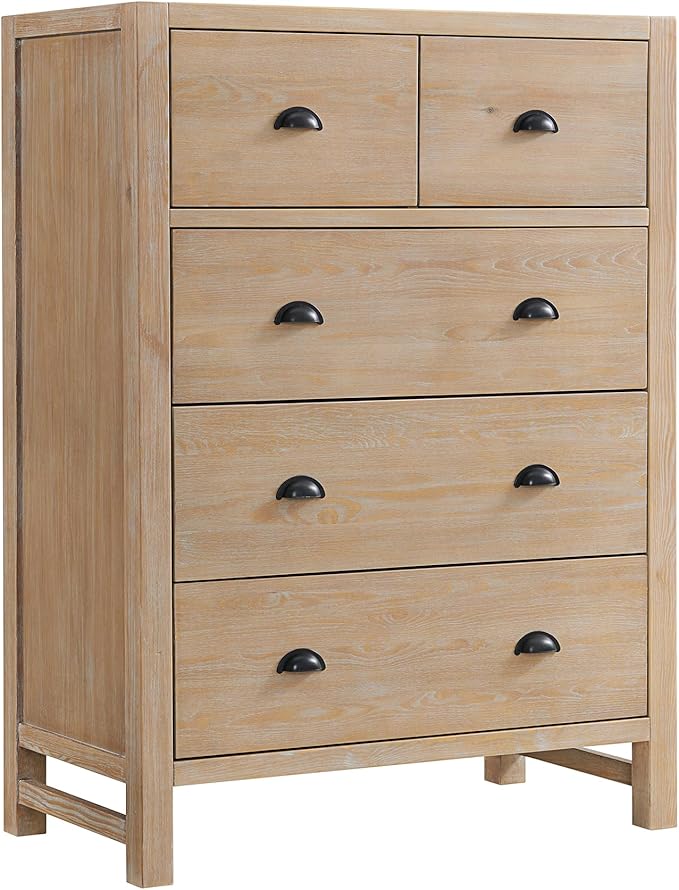 Arden 5-Piece Bedroom Set - Queen Bed, Two 2-Drawer Nightstands with Open Shelf, 5-Drawer Chest, 6-Drawer Double Dresser, Solid Pine Wood, Light Driftwood Finish, Modern Rustic Style