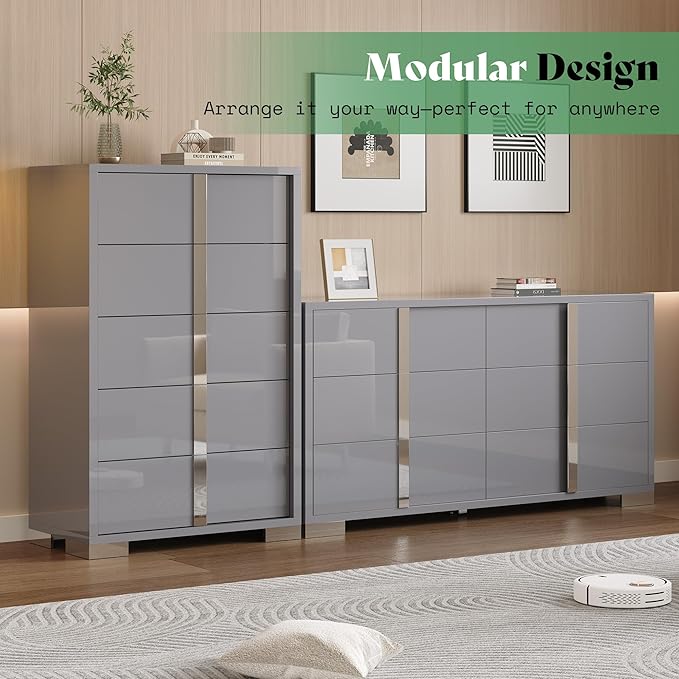AMERLIFE 5-Piece Modern Bedroom Sets with King Size Upholstered Platform Bed Frame, 58" Wingback Headboard, Spacious 6-Drawer Dresser, Tall Chest, and 2 Coordinated Nightstands, Black and Grey