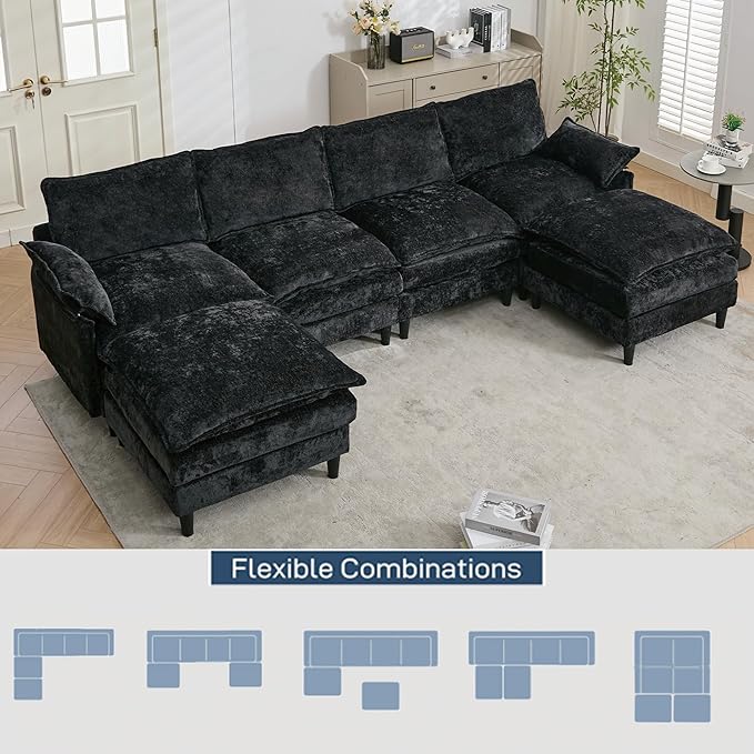 121-Inch U-Shaped Sectional Cloud Sofa Oversized Modular 6 Seaters Sofa Couch with 2 Ottoman Chaise and Pillow Armrest, Chenille Upholstered Convertible Cloud Couch