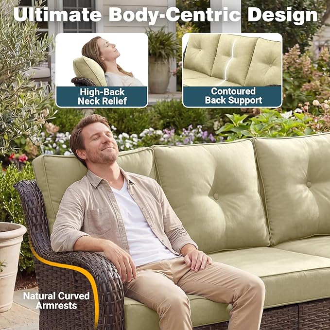Patio Furniture Set, 12PCS Outdoor Wicker Conversation Set with 6" Thick Cushions, High Back Rattan Sofa & Swivel Rocker Chairs, Weather Resistant Olefin Fabric for Garden, Poolside, Beige
