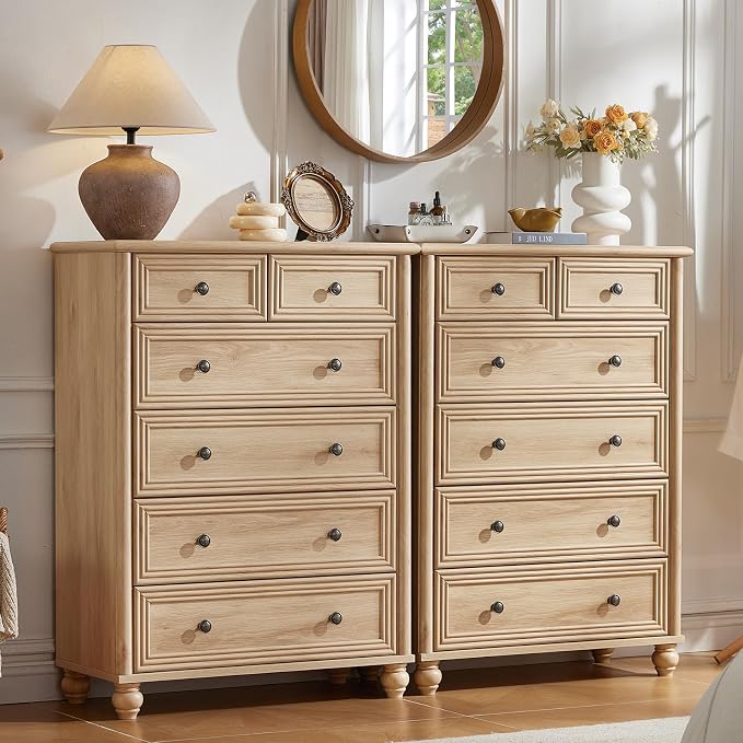 RWYHG Farmhouse 6 Drawer Dresser Set of 2, Natural Chest of Drawers, 43.5" Tall Dressers for Bedroom with Roman Column and Metal Handles, Wood Storage Organizer for Living Room, Hallway, Closet by RWYHG
