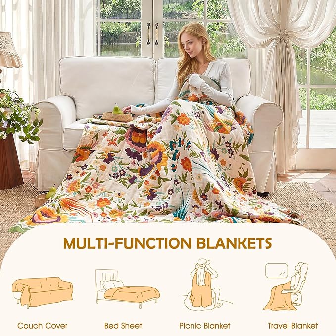 Boho Throw Blanket - 50"x60" 100% Cotton Ultra Soft Lightweight Blanket, 4-Layer Breathable Muslin Spring Blankets for Bed Couch, Reversible Green Floral Bird Printed Bohemian Cotton Quilt