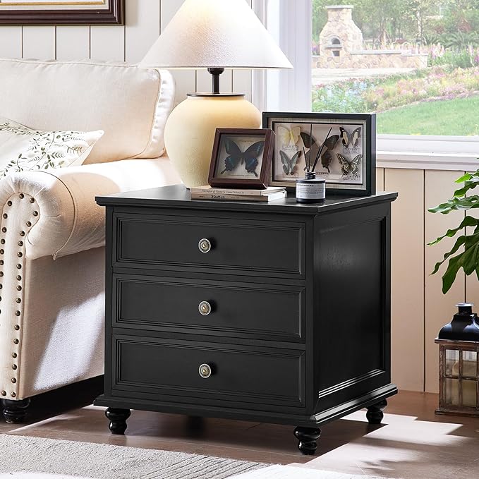 Joaxswe 24" Wide Farmhouse Night Stand Set of 2,Large End Table with 3 Drawers & Metal Handle,Black Wood Dresser for Bedroom,Bed Side Table Chest of Drawers Cabinet,Nightstand for Living Room,Closet - Image 2