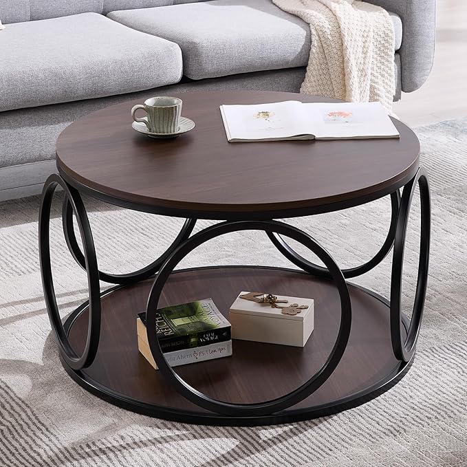 BECHAEO 31.5" Round Coffee Table with Storage, 2 Tier Vintage Coffee Table for Living Room, Industrial Design Wood Top & Metal Legs-Modern Accent Cocktail Tables for Home Office
