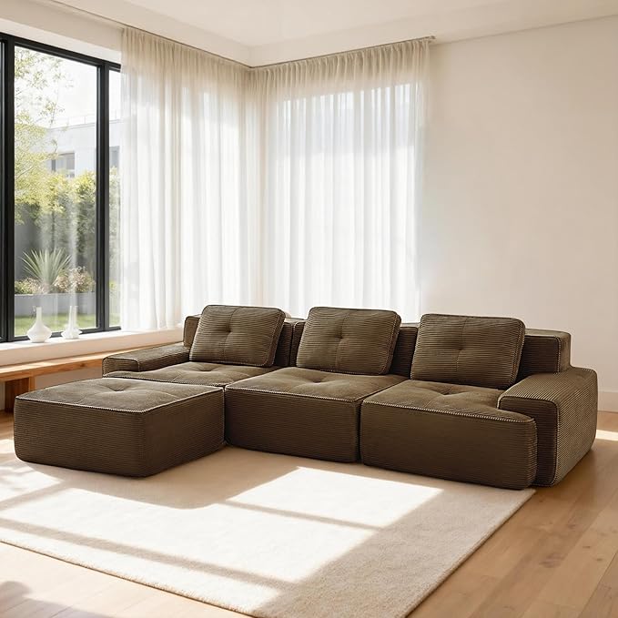 Casaphoria 115'' Boneless Sofa with Ottoman, 3-Seater Modular Couch with 3 Pillows for Living Room, L Shape Cloud Sectional Sofa, No Assembly, Brown