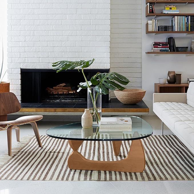 Triangle Glass Coffee Table Vintage Glass End Table, Solid Wood Base and Triangle Clear Glass Top Modern End Table for Living Room, Patio, Study (Light Walnut)