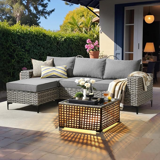 HOOOWOOO Outdoor Sectional Furniture Set with Solar Table,5 Pieces Wicker Patio Conversation Sets,L Shape All Weather Resistant Outside Couch Sofa Ottoman,Charcoal Gray