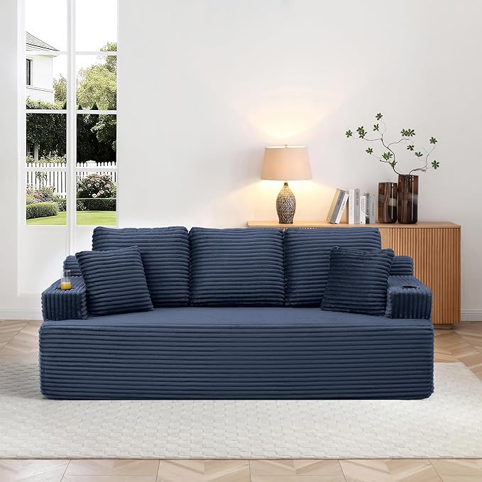 Eafurn Floor Loveseat Boneless Sofa Couch in a Box with Cup Holder and Side Pockets, 3 Seater Comfy Corduroy Upholstered Foam Couch with Deep Seating for Living Room,No Assembly | Breathable material, Cupholders