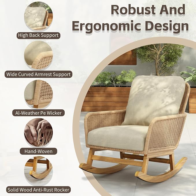 Christopher Knight Home Nadine Patio Rocking Chair, Wicker Rocker, Wood Leg Rocking Chair, PE Rattan Wicker Chair, Rocking Chair with Cushions, Comfort Wicker Rocker for Backyard Balcony Porch, Beige - Image 3