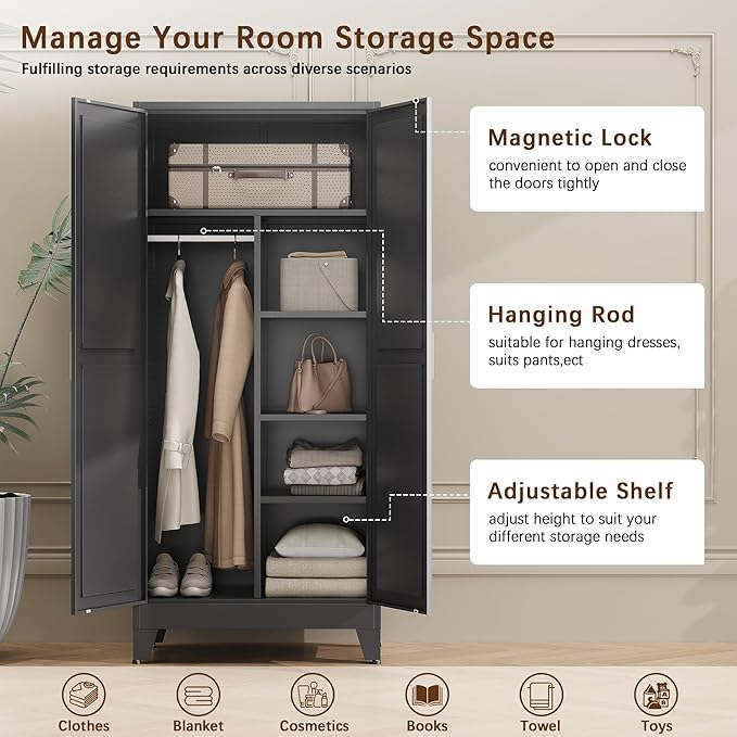 71" Tall Metal Armoire Wardrobe Closet, Clothing Storage Cabinet, Freestanding Wardrobe Cabinet with 4 Adjustable Shelves for Bedroom, Office, Garage