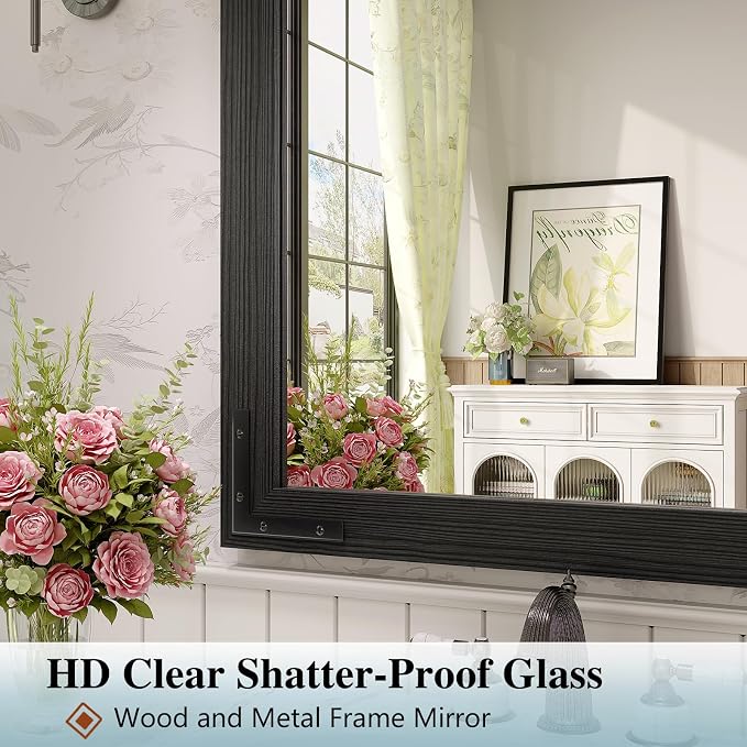 Farmhouse Bathroom Mirror, 24x36 Inch Black Vanity Mirror for Wall, Wood Framed Rustic Mirror Rectangular Wall Decor Mirrors for Entryway Living Room Bedroom - Image 4