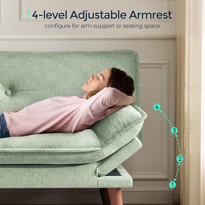 LINSY HOME Futon Sofa Bed, 70" Chenille Futon Couch with Adjustable Backrest Armrest, 3 in 1 Convertible Comfy Loveseat Sleeper Sofa Bed for Small Spaces Dorm Room Apartment Home Office, Light Green