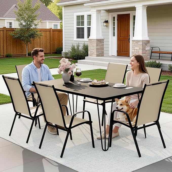 JEAREY Patio Dining Chairs Set of 6, Outdoor Stackable Dining Furniture Set, All Weather Dining Set for Lawn, Garden, Backyard, Poolside, Beige - Image 6