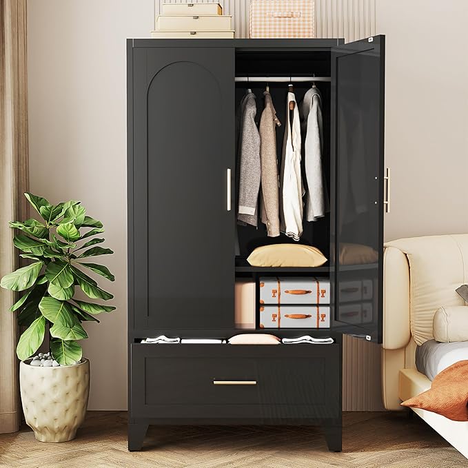 60" Metal Armoire Wardrobe Closet with 1 Drawer, Freestanding Arched 2-Door Tall Clothing Storage with Adjustable Shelves and Hanging Rod for Bedroom Dorm, Black