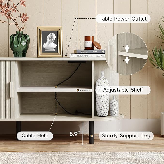ONBRILL 70.8" TV Stand with Power Outlet for TVs up to 75 Inch, Entertainment Center with Storage and Adjustable Shelves, Modern Media Console with Sliding Doors for Living Room, Natural White - Image 6
