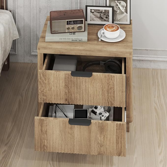 Fluted Nightstand Set of 2, Bedside Table with 2 Drawer, Modern End Table Large Wooden Oak Sofa Side Table, Night Stand for Bedroom, Small Space - Image 2