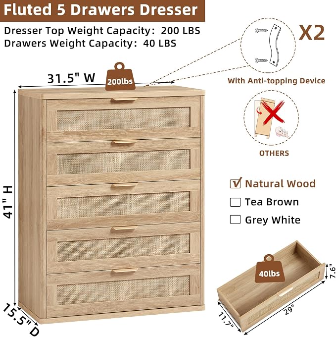 LEYAOYAO Rattan Dresser for Bedroom Set 2, 41" Tall Chest of Drawers, Modern 5 Drawers Boho Dressers with Storage, Light Oak Dresser Wooden Closet Organizer for Living Room, Hallway, Natural Wood - Image 3