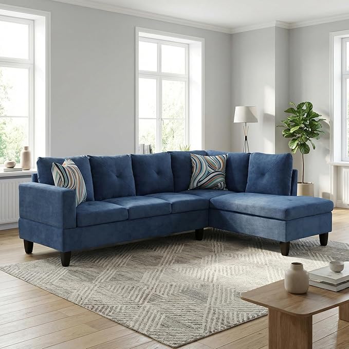 Modern L-Shaped Couch with Lounge Chaise, Comfortable Sectional Sofa with Cushions and Sturdy Frame, Perfect for Living Room, Apartment, Blue