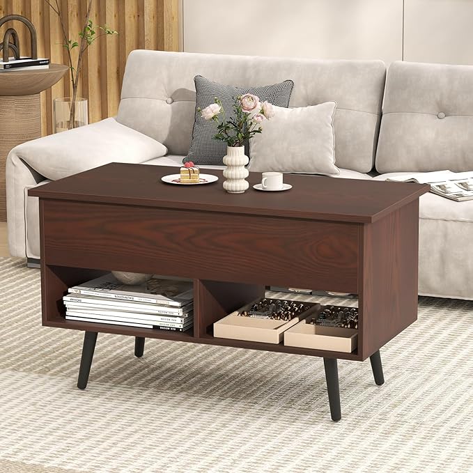 Tangkula Lift Top Coffee Table, Modern Cocktail Table with Hidden Compartment & 2 Open Shelves, Flip Top Center Table, Wooden Pull up Coffee Table for Living Room, Reception Room, Office (Brown)