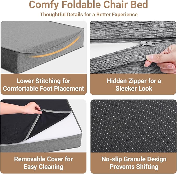 BeBen Folding Sofa Bed Chair, Convertible Sleeper Chair Futon Couch, Foldable Boneless Floor Lounger Sofa, Twin Foam Chair Bed for Small Spaces, Dorm, Guest Room, Living Room, Apartment, Grey