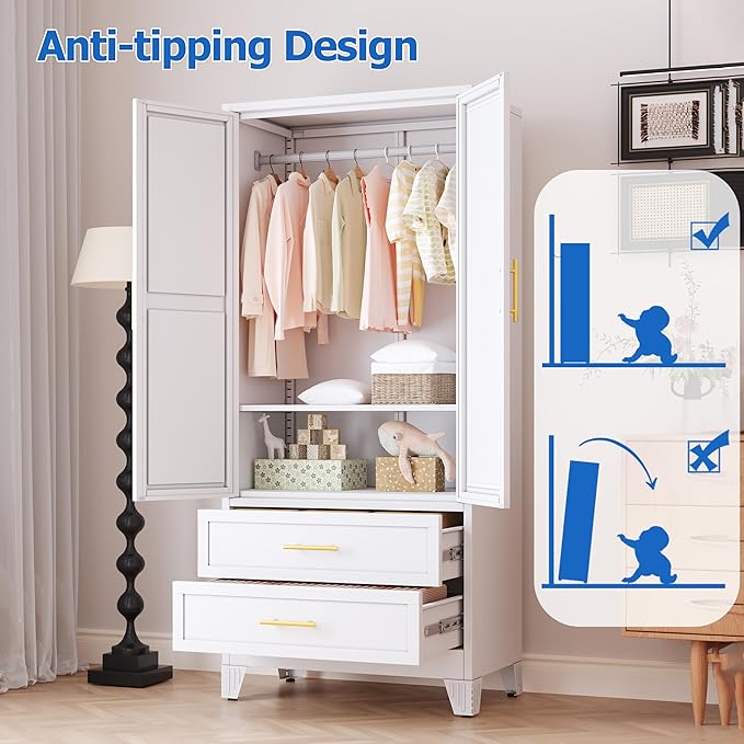 GAIOUS Steel Armoire Wardrobe Closet with Mirror, 71" Metal Clothes Storage Cabinets with 2 Doors, 1 Adjustable Shelf, 2 Drawers, Metal Wardrobe Cabinet with Hanging Rod for Bedroom, Gym, Cloak(White)