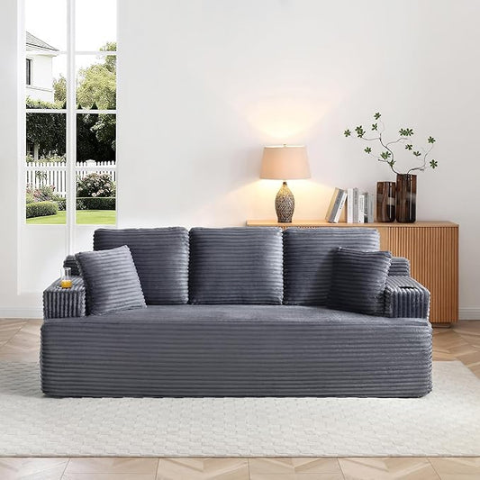 Eafurn Floor Loveseat Boneless Sofa Couch in a Box with Cup Holder and Side Pockets, 3 Seater Comfy Corduroy Upholstered Foam Couch with Deep Seating for Living Room,No Assembly | Breathable material, Cupholders
