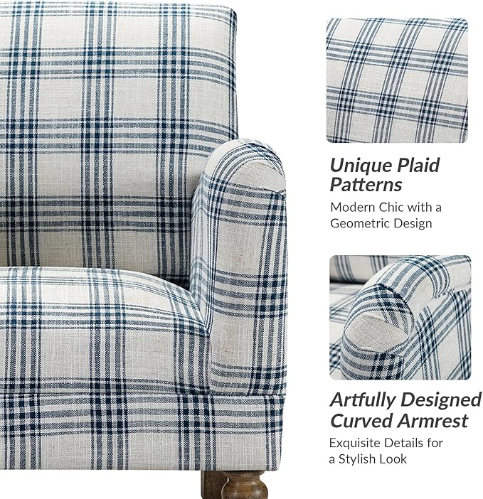 HULALA HOME Modern Accent Chair with Arms and Wooden Legs, Comfy Upholstered Armchair for Living Room, Bedroom (Plaid Pattern, Navy)