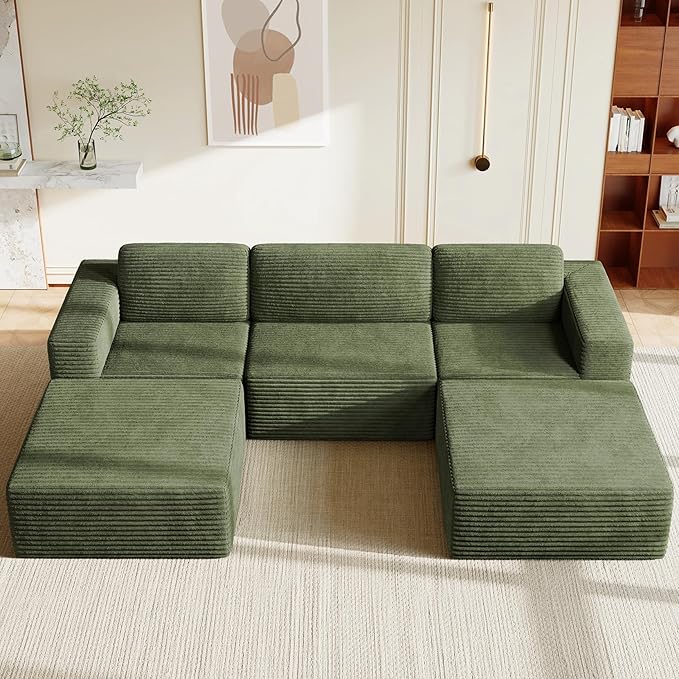 Vesgantti 119" Oversized U-Shaped Modular Sectional Sofa, Corduroy Cloud Couch with Deep Seating & Spring Support, Convertible Sofa with 2 Ottomans, Boneless Couch, No Assembly Required, Green