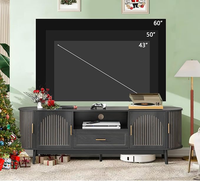 70" Fluted TV Stand for Tvs up to 80", Mid-Century Modern Entertainment Center with Drawers and Fluted Doors, Curved TV Media Console Table with Sliding Doors for Living Room, Bedroom (70" Black) - Image 3