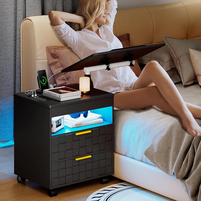 Lareth Height Adjustable Nightstand with Charging Station, LED Bedside Table 2 Drawers, Smart Wooden End Table Dorm Rolling Side Table Laptop Workstaion with Wheels for Bedroom, Black - Image 9