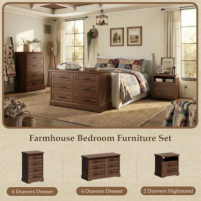 AODK 24 Inch Farmhouse Nightstand Set of 2, Bedside Tables with Charging Station, Wood End Tables with 2 Drawers and Open Shelf, Rustic Bed Side Table for Bedroom & Living Room, Dark Walnut - Image 8