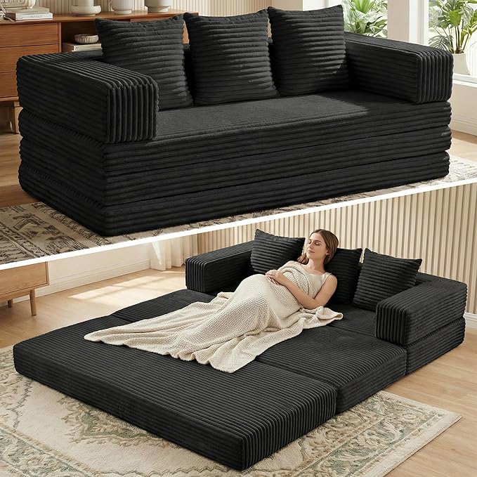Convertible Sofa Bed Couch, 78’’ Oversized 4-in-1 Boneless Couches with Removable Armrests Backrest, Corduroy Futon Sofa Bed, Foldable Mattress Sleeper Sofa for Living Room Bedroom (Black)