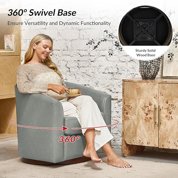 HULALA HOME Genuine Leather Swivel Accent Chairs Set of 2 with Solid Wood Base, Round Swivel Barrel Chairs for Living Room and Bedroom, Sage
