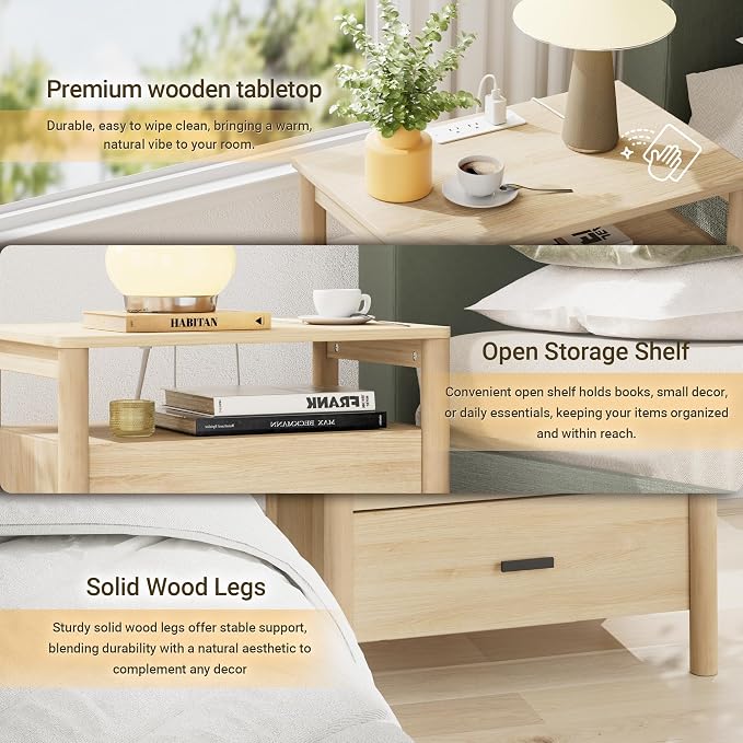 Night Stand Set 2, 23" Wide Nightstands Set of 2, Large Nightstand with Charging Station, 2 Drawer Wooden End Table with Solid Round Post Legs, Modern Bedside Table for Bedroom, Natural Oak - Image 3