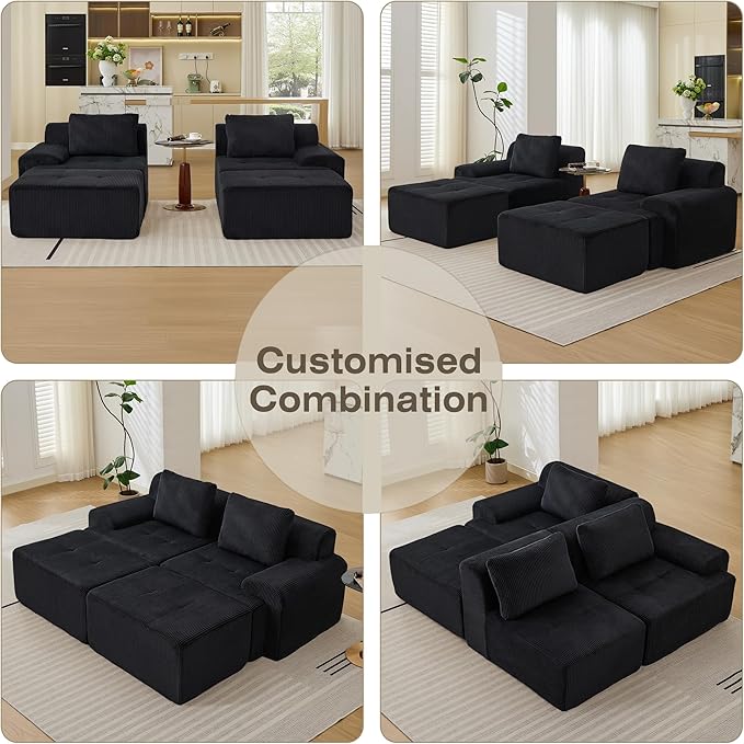 Boneless Couches for Living Room, Corduroy Couch, Modular Sectional Sofa, Big Comfy Couch, Modular Cloud Sofa with Deep Seat, Sofa Bed (Black, 4 Pieces-Bedshape)