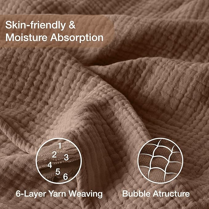 100% Cotton Muslin Blanket California King 120" x 90", 6 Layers Breathable and Lightweight Oversized Blankets for Bed, Soft Cooling Gauze Blanket for Adults All Season, Tan
