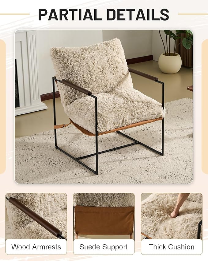 Karl home Modern Accent Chair Plush Fleece Upholstered Living Room Chair with Metal Frame Wooden Armrest Comfy Lounge Armchair for Living Room, Bedroom, Balcony, Reading Room, Khaki