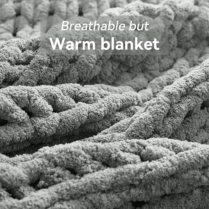 Negwoo Chunky Knit Throw Blanket, 30''*40'' Knitted Throw Chenille Yarn for Bed Couch, Handmade Light Grey Crochet Big Thick Blanket, Machine Washable Cute Comfy Blanket for Home Decor