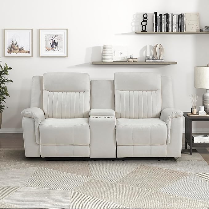 Lexicon Manual Double Reclining Loveseat, Polished Microfiber Manual Wall Hugger Loveseat Recliner for Living Room, Center Storage Console/Cup Holders, Easy Assembly, Beige