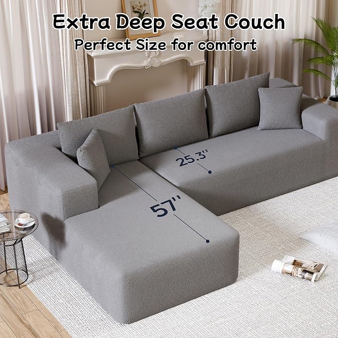 104” Sectional Cloud Couch, L-Shape Compressed Sofa with Right Chaise Lounge, Modular Cloud Couch with 2 Pillows & Deep Seat, Rain Drop Velvet Floor Sofa for Living Room, Light Gray